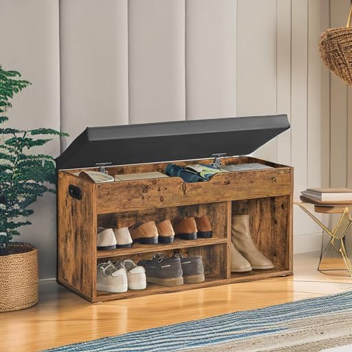VASAGLE CUSTOS Collection - Storage Bench with Cushion, Shoe Bench, Padded Seat, Hidden Storage, Entryway, Hold up to 300 lb, 11.8 x 31.5 x 17.3 Inches, Rustic Brown and Ink Black ULHS30BX