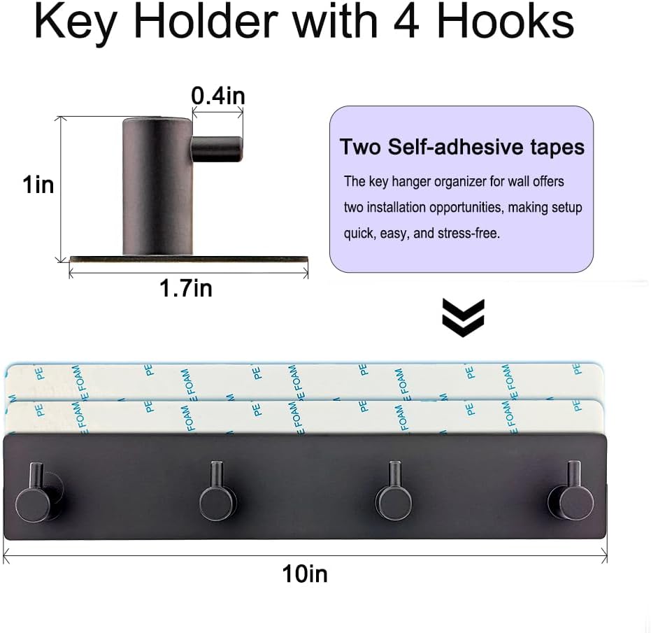 StrugDeas Key Holder for Wall with 2 Self-Adhesive Tapes， Key Hanger Organizer for Wall with 4 Hooks，Metal Key Rack for Door, Entryway, Kitchen Bathroom(Black)