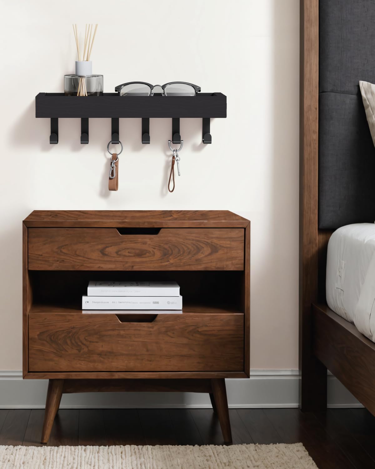 Key Holder Wall Mount Adhesive Magnetic - Hanging Key Hooks with Mail Organizer for Wallet House Accessories - Keys Hanger Rack with Shelf for RV Camper Entryway Door Home Living Room Decor Black