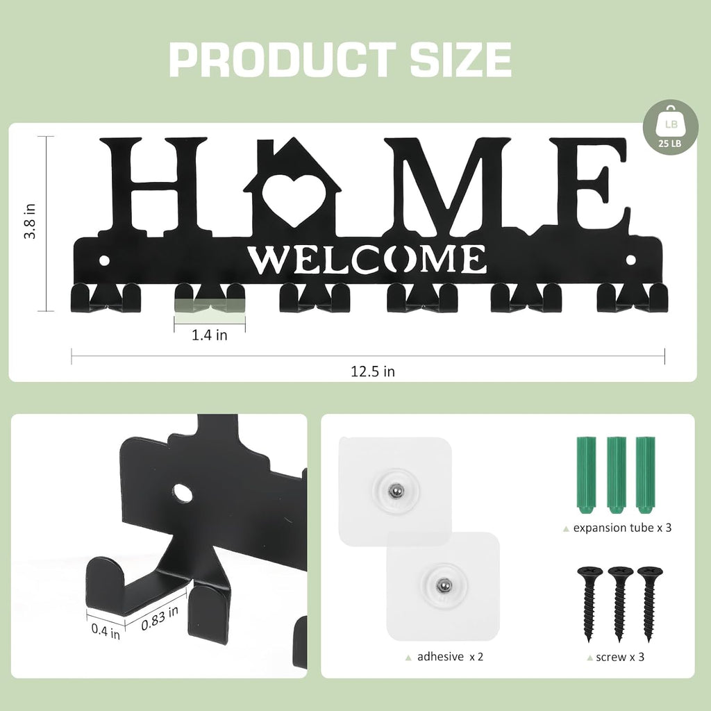 Key Holder Wall Mount, Adhesive Metal Key Hanger with 6 Double Hooks, 2 Installation Methods, Black