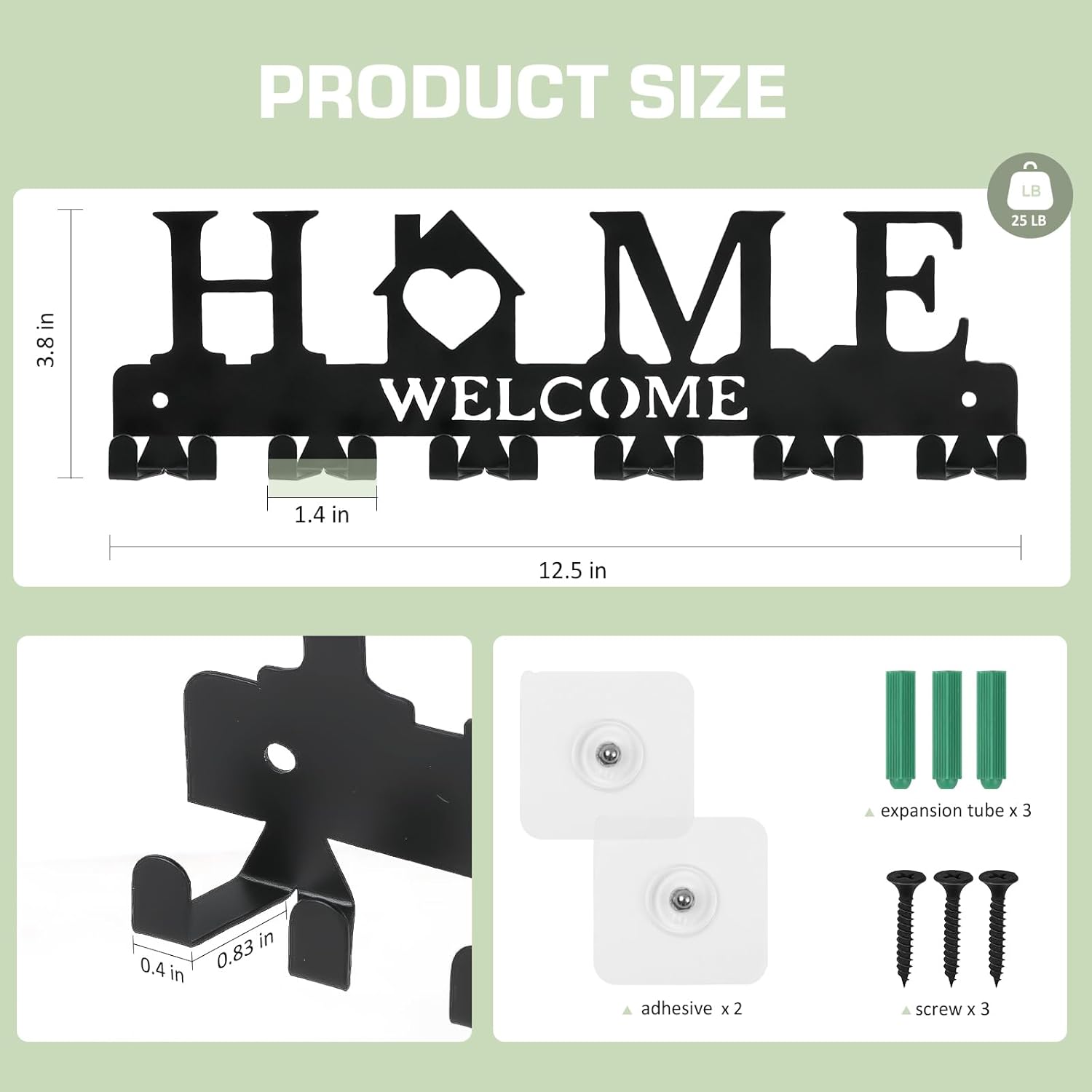 Key Holder Wall Mount, Adhesive Metal Key Hanger with 6 Double Hooks, 2 Installation Methods, Black