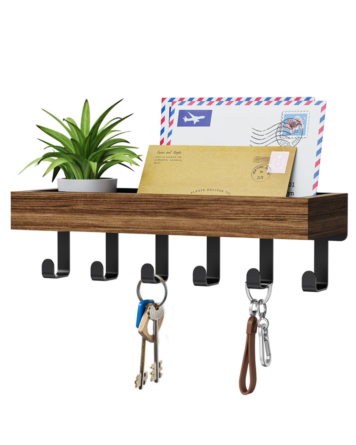 Key Holder Wall Mount Adhesive Magnetic - Hanging Key Hooks with Mail Organizer for Wallet House Accessories - Keys Hanger Rack with Shelf for RV Camper Entryway Door Home Living Room Decor Black