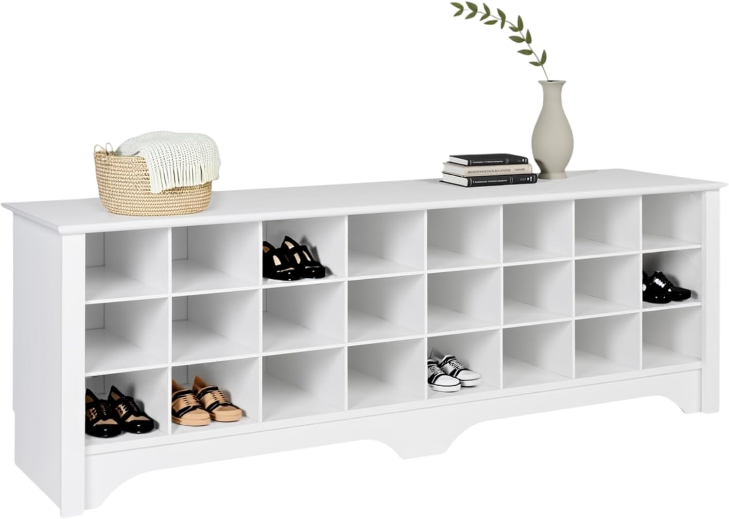 Prepac White Hall Bench with Storage and Seating: 24-Shoe Cubby Bench, Ideal White Shoe Rack for Entryway, Sized 15.5" D x 60" W x 20.25" H