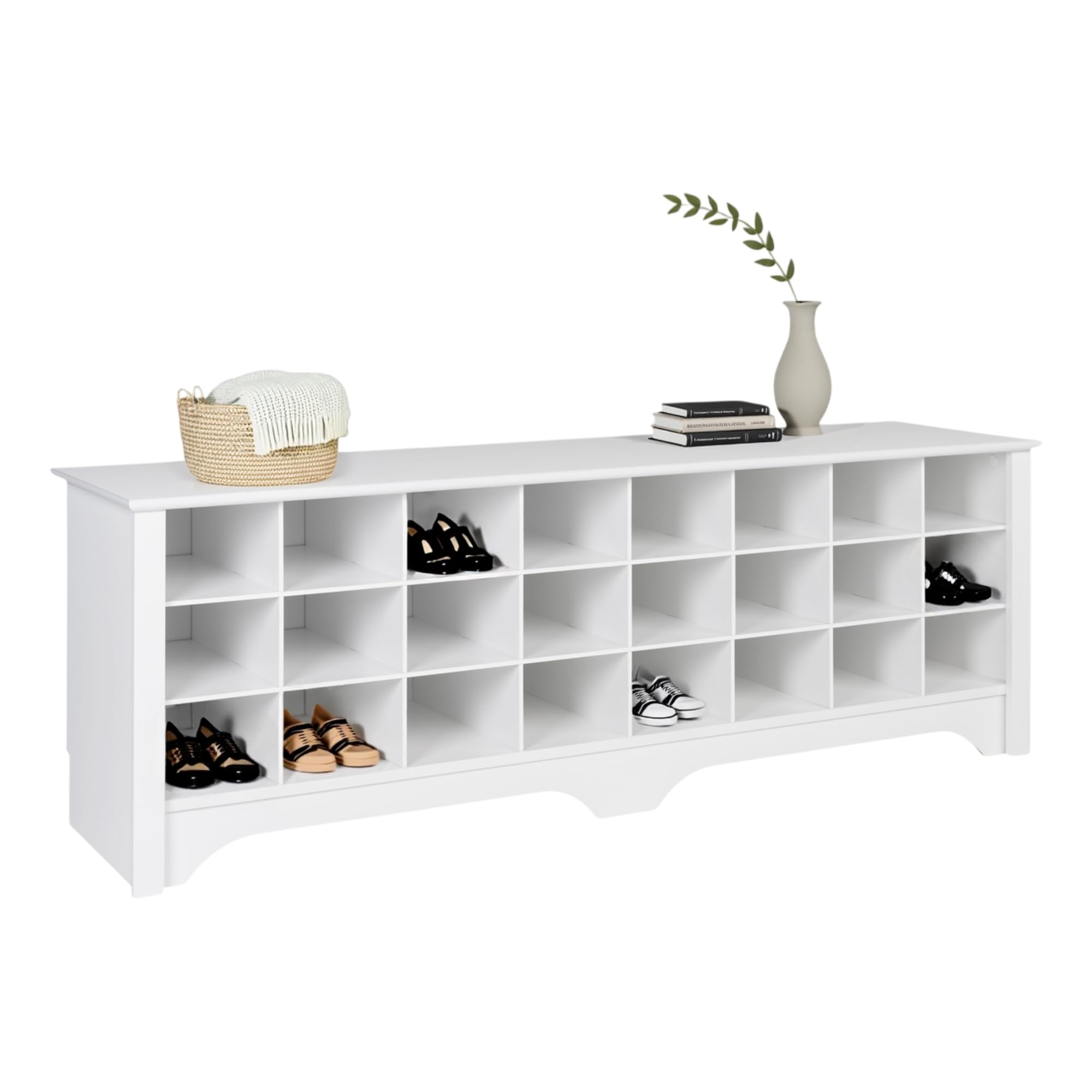 Prepac White Hall Bench with Storage and Seating: 24-Shoe Cubby Bench, Ideal White Shoe Rack for Entryway, Sized 15.5" D x 60" W x 20.25" H