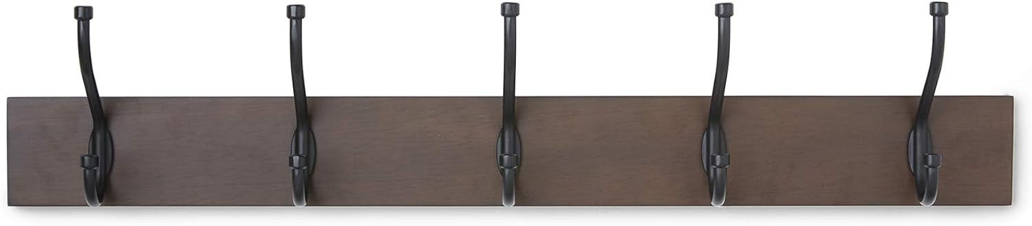 Amazon Basics Wall-Mounted Metal Coat Rack, 5 Hooks, Espresso | Farmhouse, Rectangular