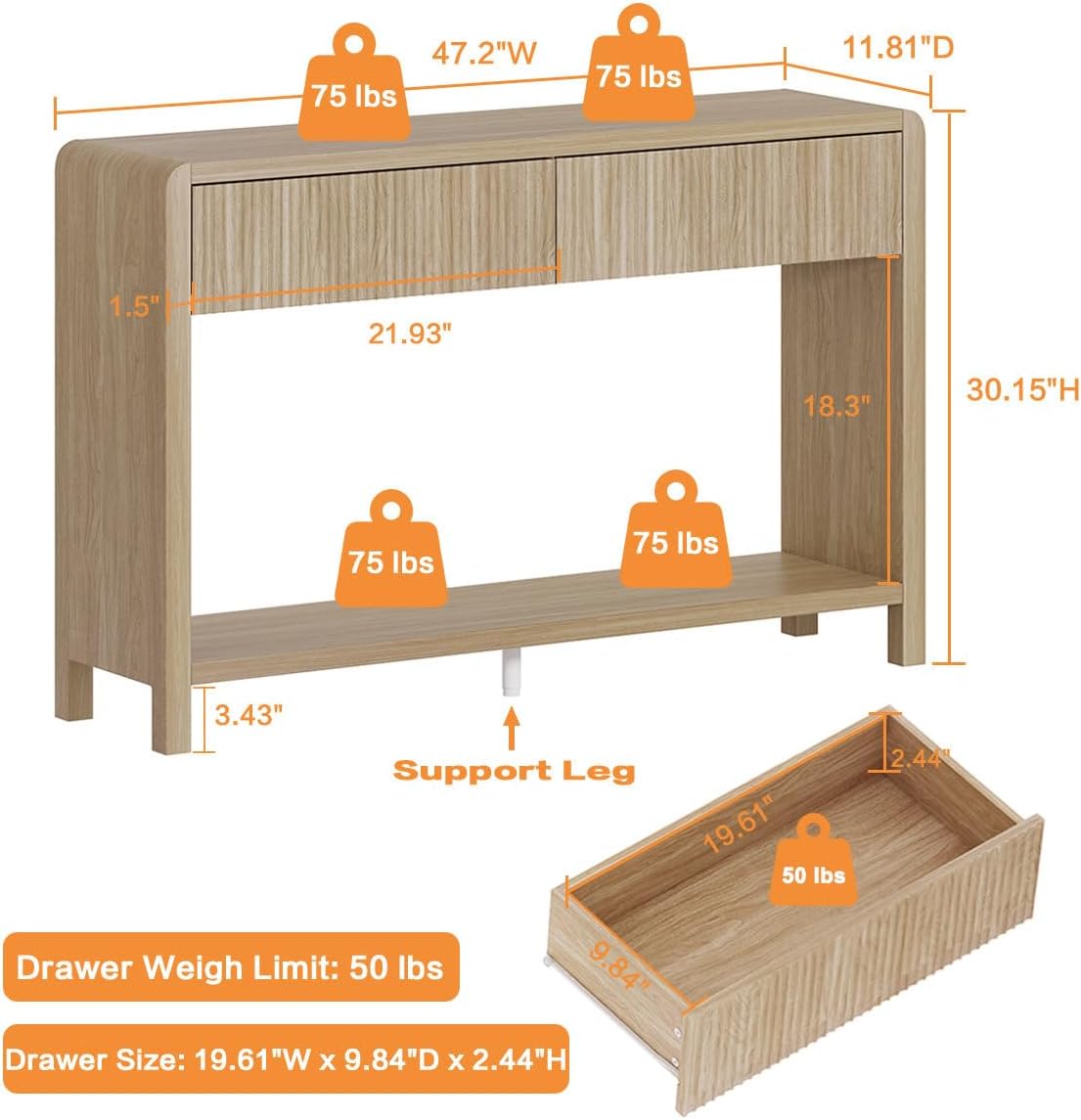 FATORRI Console Table for Entryway Storage, Wood Sofa Tables for Living Room, Couch Table with 2 Drawers for Hallway (47.2 inch, Light Walnut)