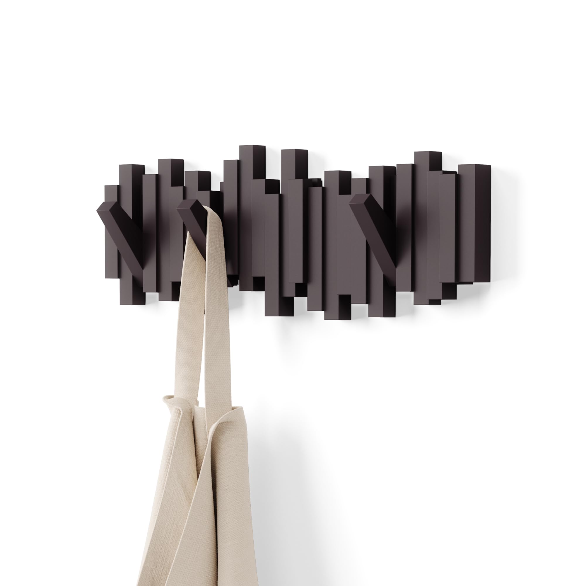 Umbra Sticks Wall-Mounted Coat Rack Rail Hook with 8 Retractable Pegs – Modern, Space-Saving Storage Organizer, Black