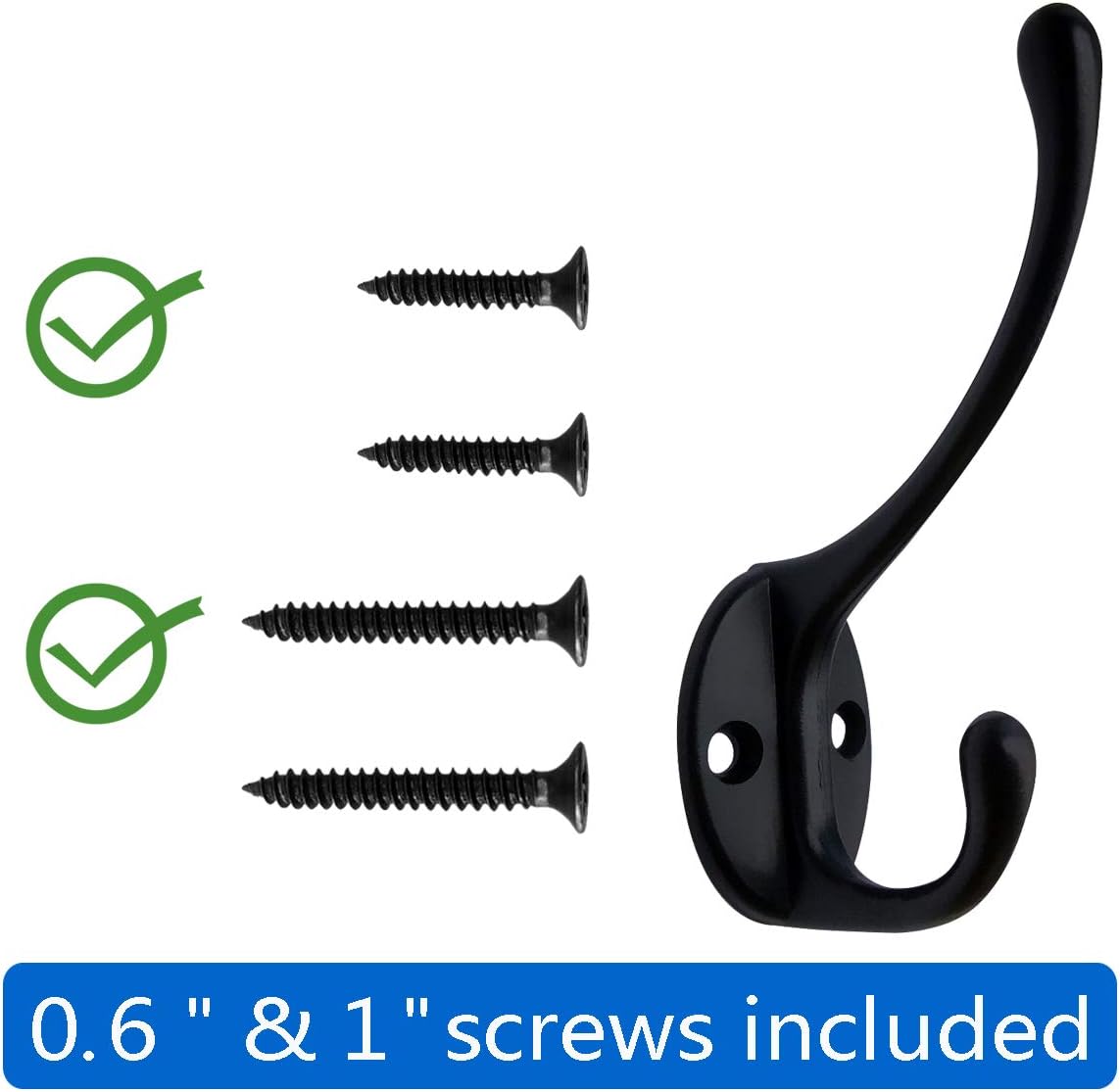 IBosins 10 Pack Dual Coat Hooks Wall Mounted with 40 Screws Retro Double Hooks Utility Black No Rust Hooks for Coat, Scarf, Bag, Towel, Key, Cap, Cup, Hat (Black)