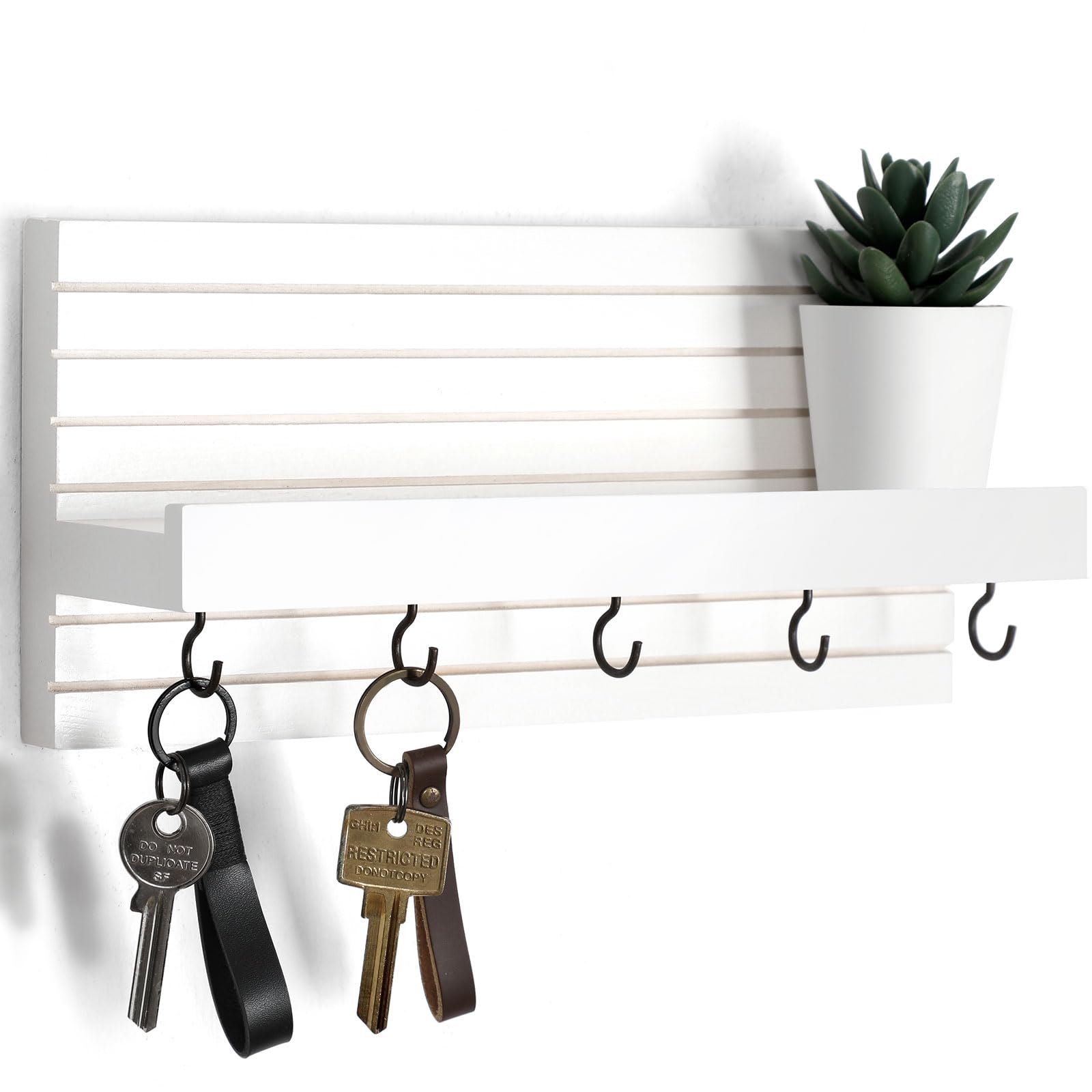 Lwenki Decorative Key Holder for Wall with Shelf, Entryway Shelf with Hooks Holds Leashes, Jackets and Glasses – Sturdy Wood Keyholder Entrance Hanger with Mounting Hardware (Black, Medium)
