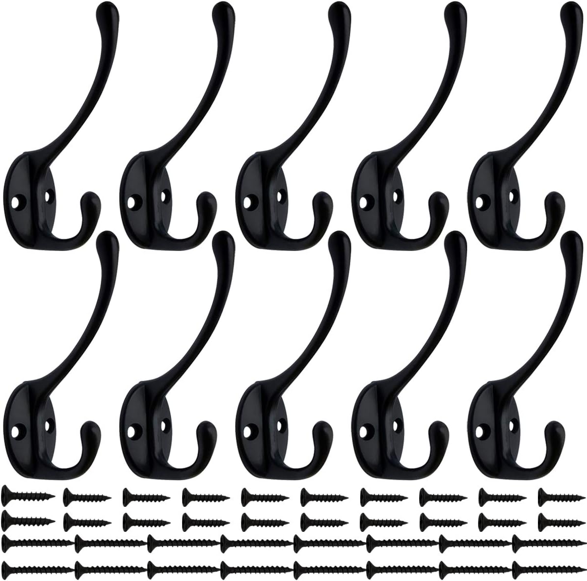 IBosins 10 Pack Dual Coat Hooks Wall Mounted with 40 Screws Retro Double Hooks Utility Black No Rust Hooks for Coat, Scarf, Bag, Towel, Key, Cap, Cup, Hat (Black)