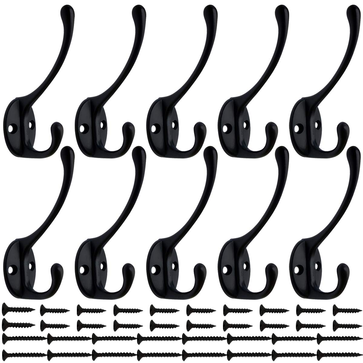 IBosins 10 Pack Dual Coat Hooks Wall Mounted with 40 Screws Retro Double Hooks Utility Black No Rust Hooks for Coat, Scarf, Bag, Towel, Key, Cap, Cup, Hat (Black)