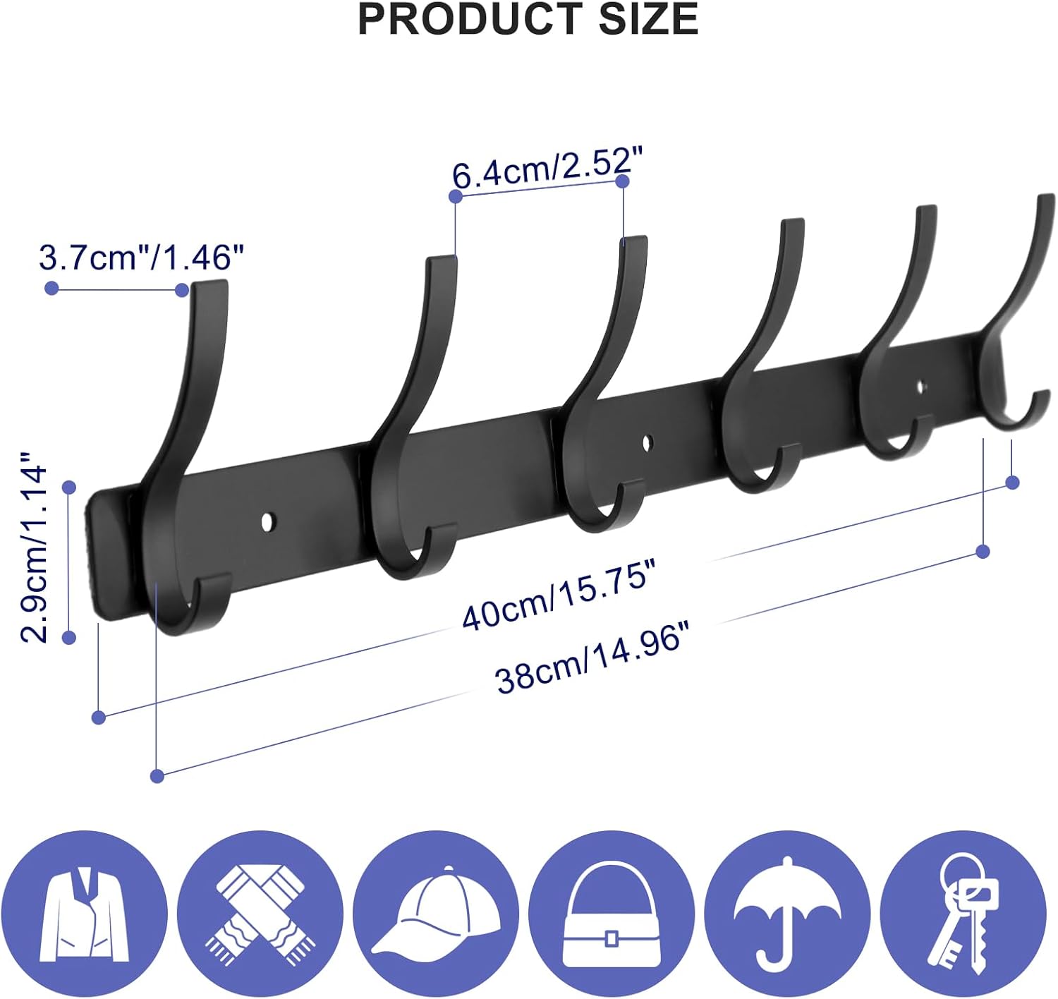 Coat Rack Wall Mounted,6 Coat Hooks for Hanging Coats,Metal Double Hook Rack Hook Rail,Coat Rack with Hooks,Wall Mount Coat Hanger for Hat Towel Purse Robes (2 Pack Black, 6 Hooks)