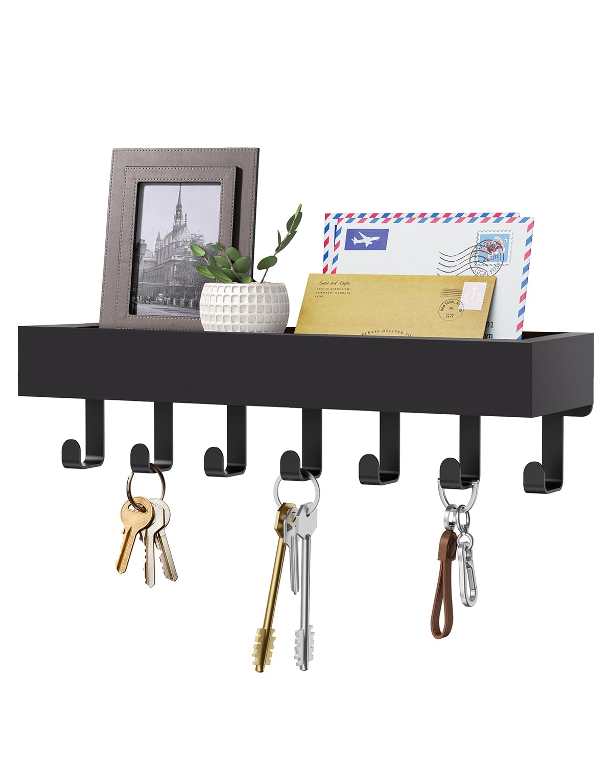 Key Holder Wall Mount Adhesive Magnetic - Hanging Key Hooks with Mail Organizer for Wallet House Accessories - Keys Hanger Rack with Shelf for RV Camper Entryway Door Home Living Room Decor Black