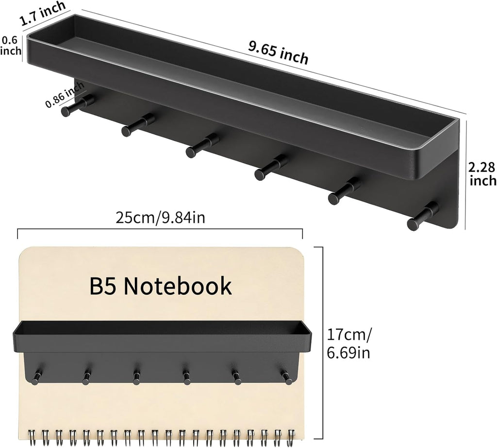 MKO Key Holder Wall Mount, Key Holder Wall Mount Adhesive with Mail Organizer Tray with 6 Key Hooks for Wall, Black