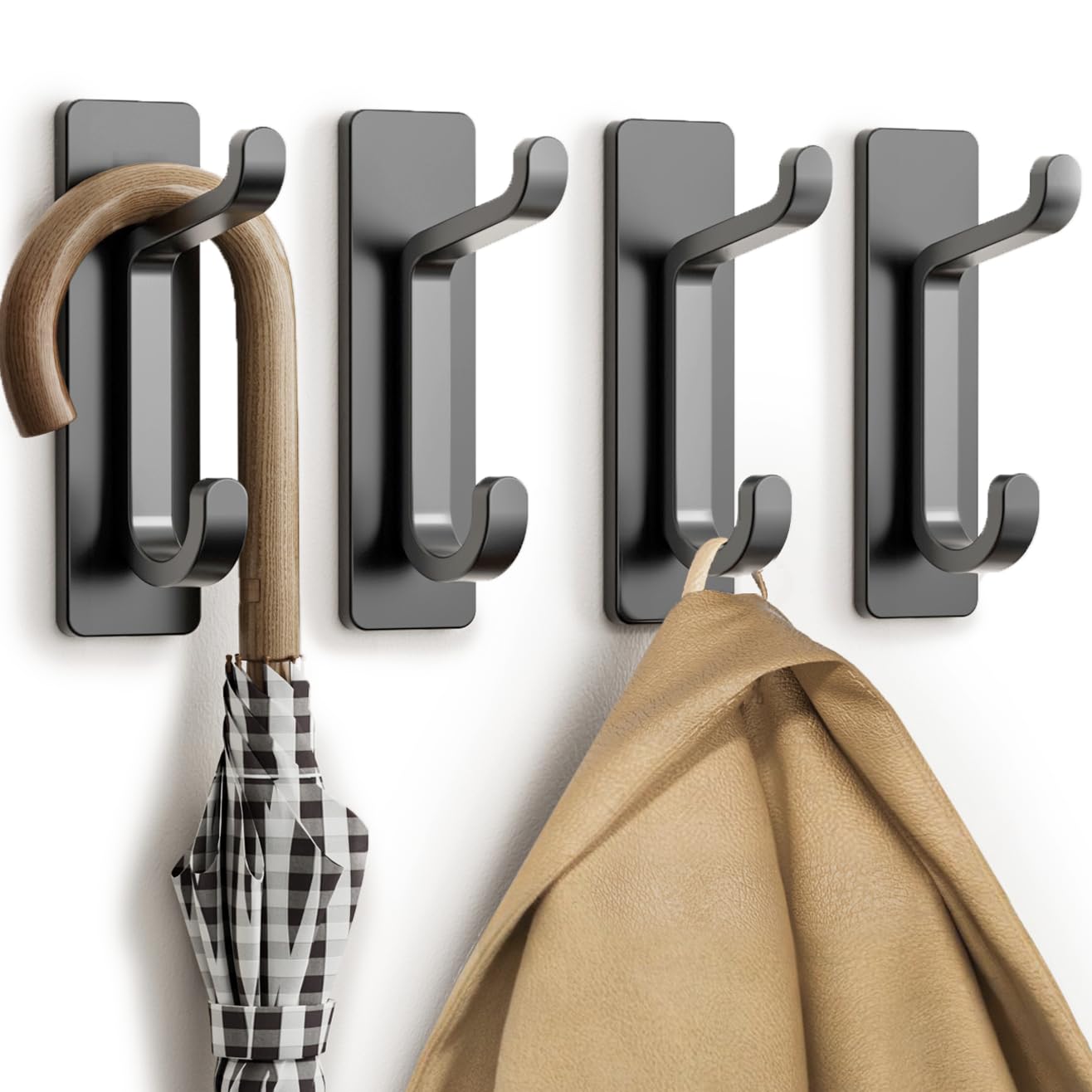 pickpiff Wall Hooks for Coat and Towel: 13LB Strong Adhesive Door Hanger Stick on, Black 4 Pack
