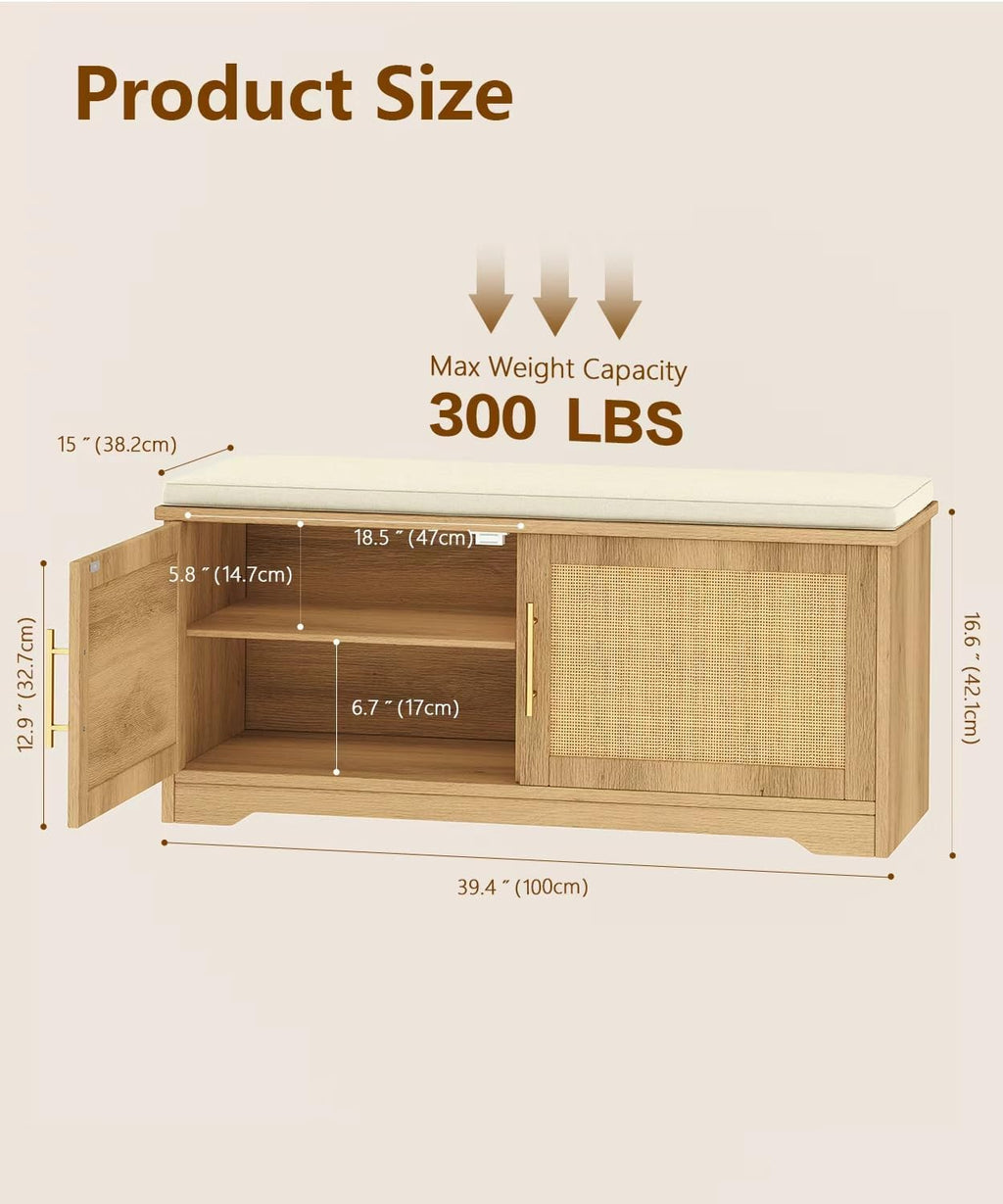 Rattan Shoe Storage Bench with Cushion, 39.4" Wide Entryway Bench with Adjustable Shelf, Hidden Shoe Organizer Cabinet, for Hallway, Living Room, Bedroom, Natural Oak
