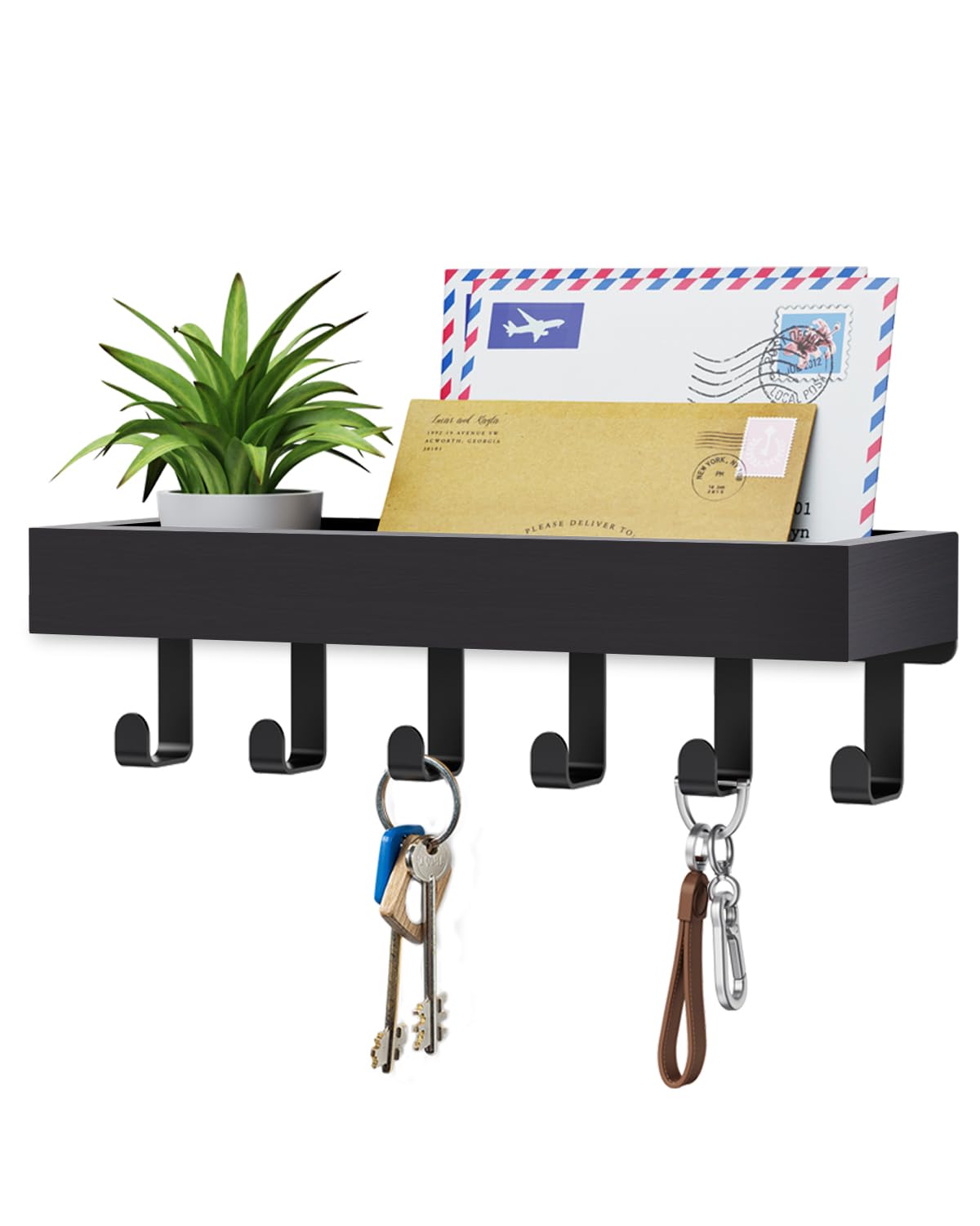 Key Holder Wall Mount Adhesive Magnetic - Hanging Key Hooks with Mail Organizer for Wallet House Accessories - Keys Hanger Rack with Shelf for RV Camper Entryway Door Home Living Room Decor Black