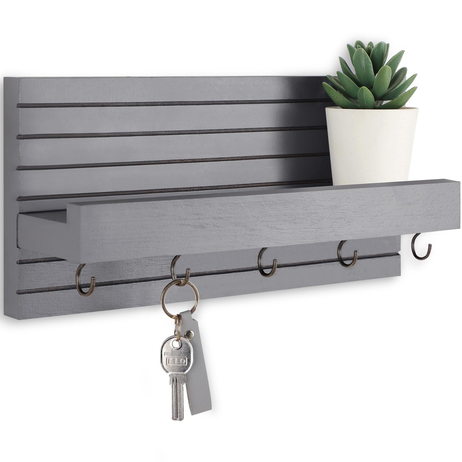 Lwenki Decorative Key Holder for Wall with Shelf, Entryway Shelf with Hooks Holds Leashes, Jackets and Glasses – Sturdy Wood Keyholder Entrance Hanger with Mounting Hardware (Black, Medium)