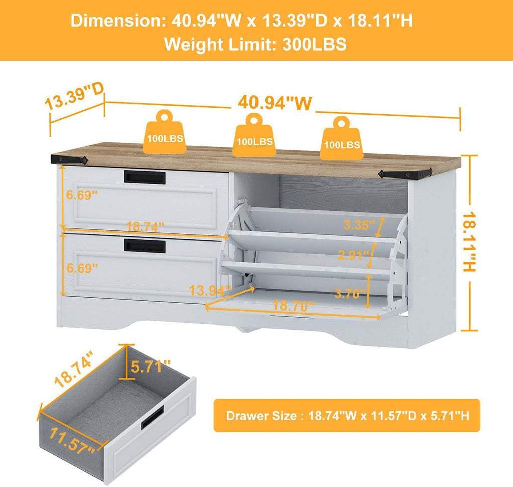 FATORRI Shoe Storage Bench, Entryway Bench with Flip Drawer, Wooden Entry Way Shoe Cabinet for Living Room Hallway (Rustic Oak+White Oak)