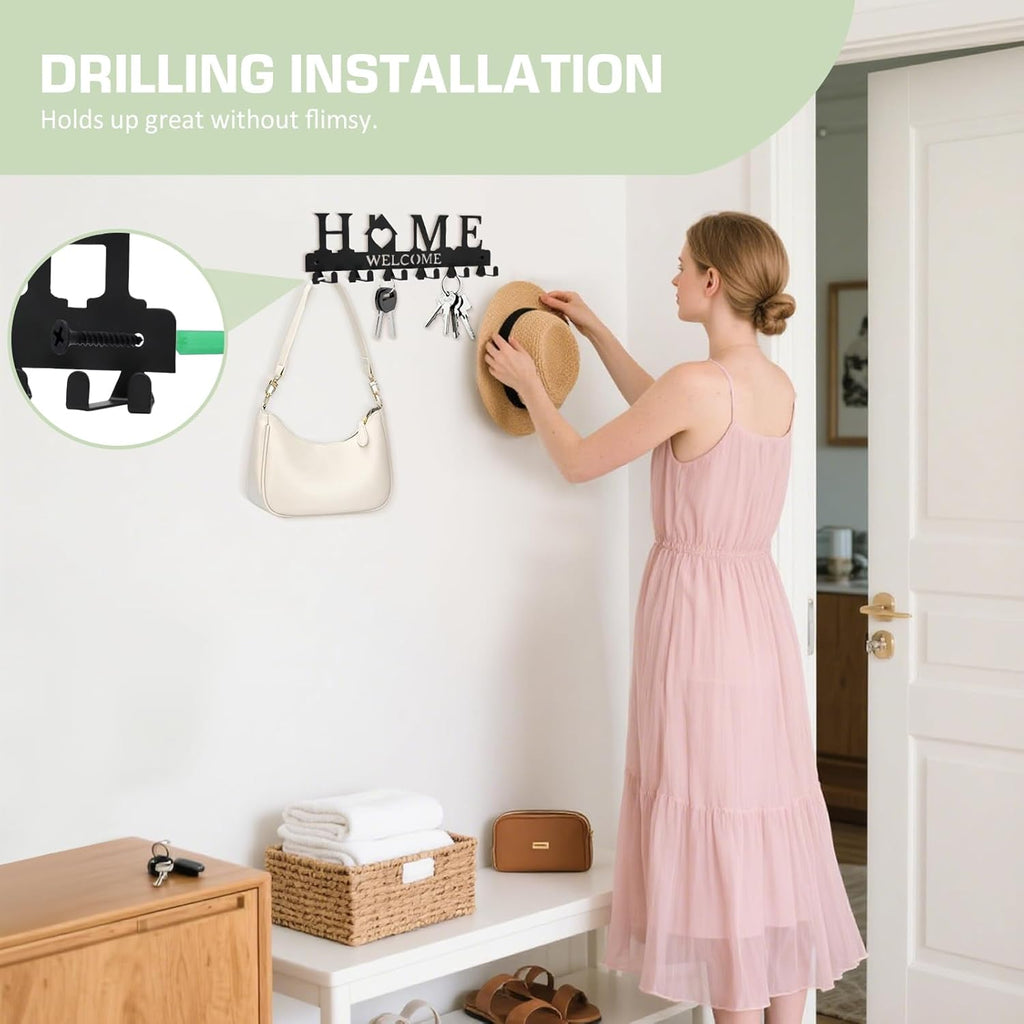 Key Holder Wall Mount, Adhesive Metal Key Hanger with 6 Double Hooks, 2 Installation Methods, Black