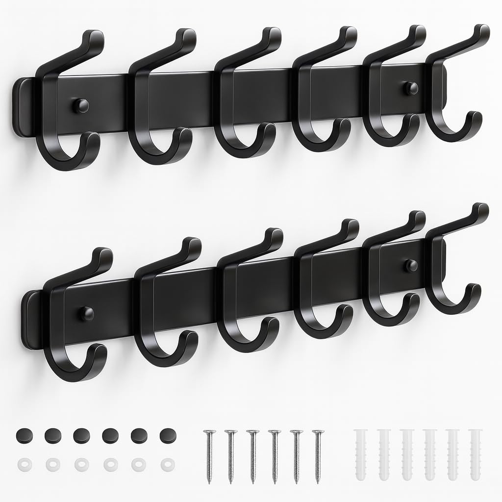 pickpiff Coat Rack Wall Mounted Heavy-Duty: Metal Coat Hanger 6 Hooks for Hanging Hat, Clothes, Robe, Keys, Backpack, Bathroom Towels, Jacket, Purse - Closet, Door, Entryway, Mudroom (Black, 1 Pack)