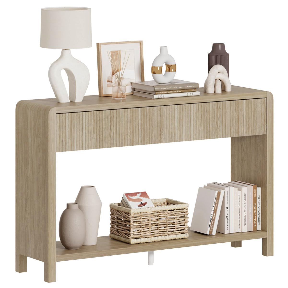 FATORRI Console Table for Entryway Storage, Wood Sofa Tables for Living Room, Couch Table with 2 Drawers for Hallway (47.2 inch, Light Walnut)