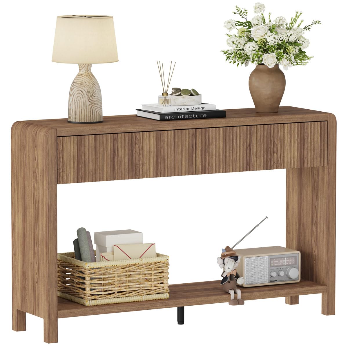 FATORRI Console Table for Entryway Storage, Wood Sofa Tables for Living Room, Couch Table with 2 Drawers for Hallway (47.2 inch, Light Walnut)