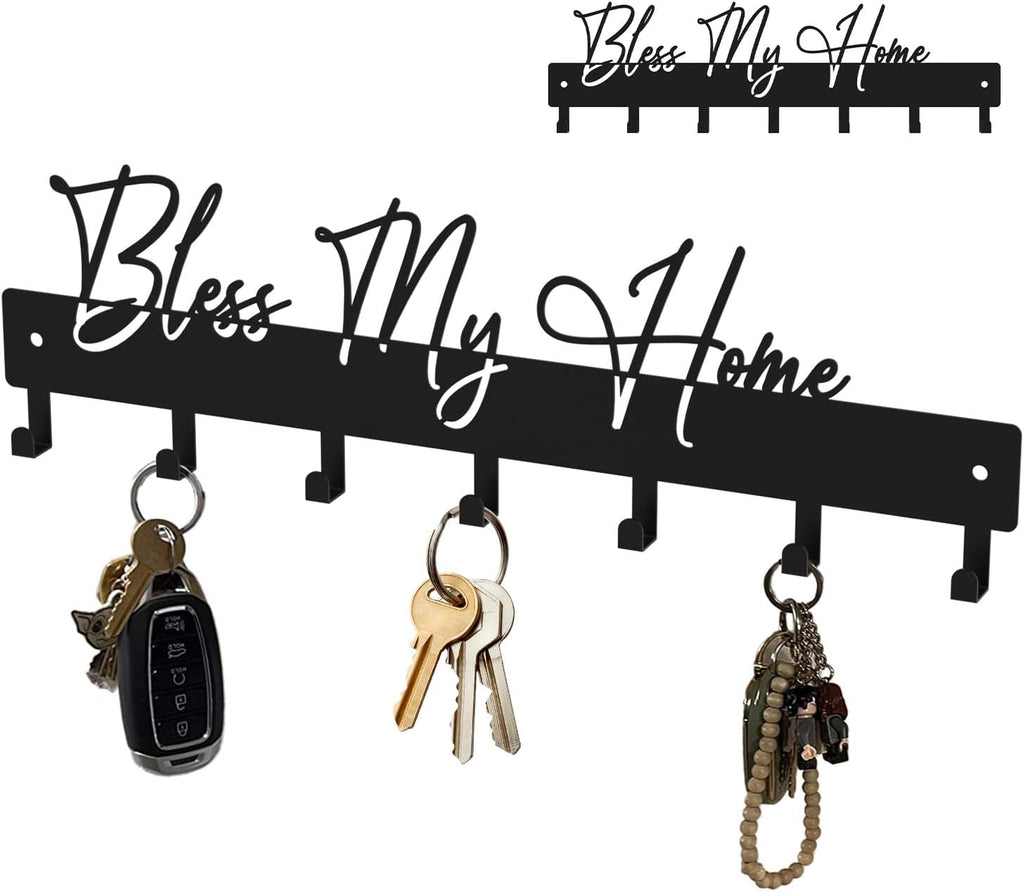 Exquisite Fashion Phrase Key Holder Wall Mount,Bless My Home Key Hooks for Wall Decoration,Black Metal Key Hanger with 7 Hooks for Entryway,Office,Living Room Decor