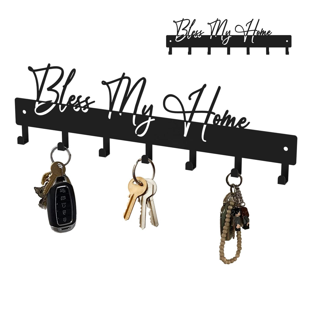 Exquisite Fashion Phrase Key Holder Wall Mount,Bless My Home Key Hooks for Wall Decoration,Black Metal Key Hanger with 7 Hooks for Entryway,Office,Living Room Decor