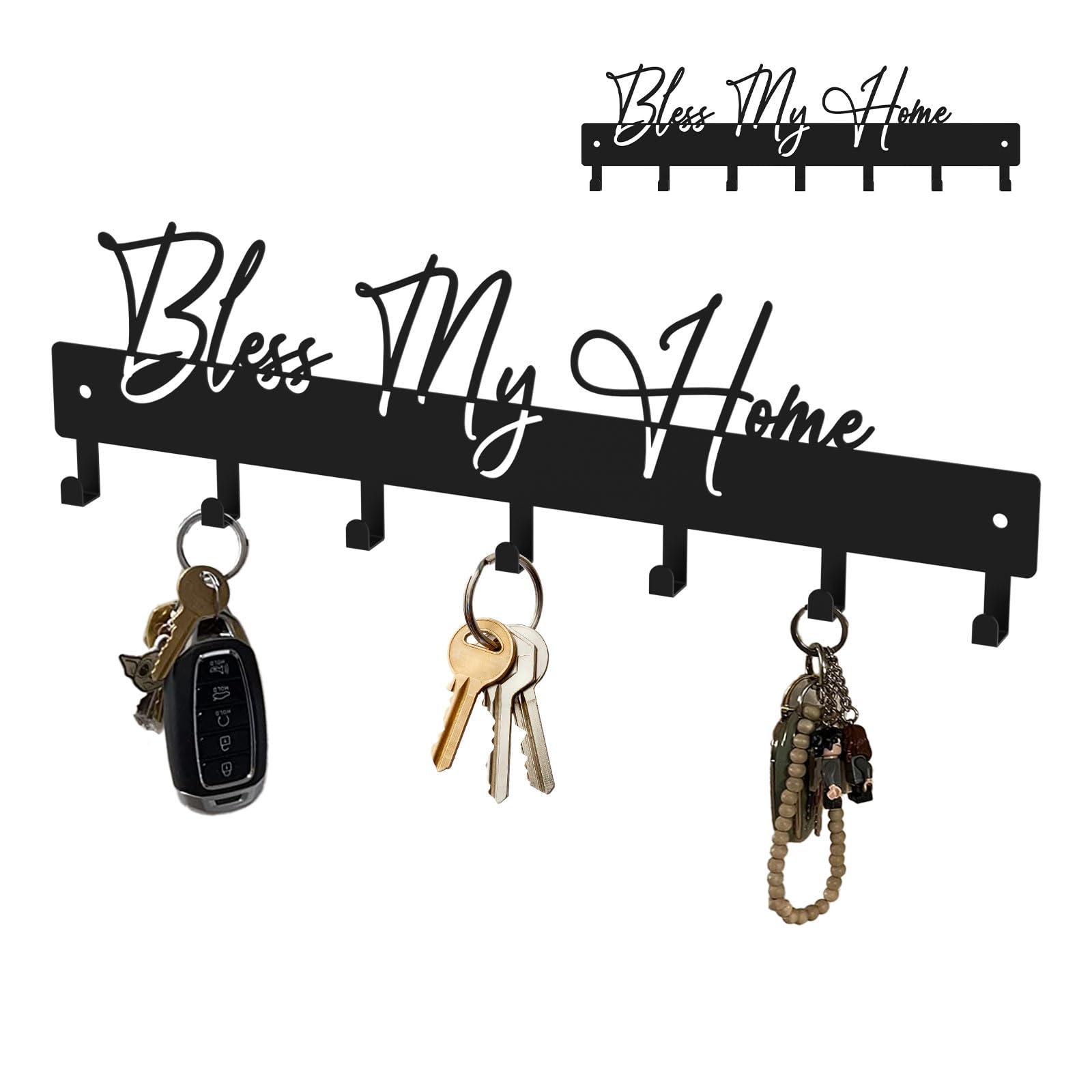 Exquisite Fashion Phrase Key Holder Wall Mount,Bless My Home Key Hooks for Wall Decoration,Black Metal Key Hanger with 7 Hooks for Entryway,Office,Living Room Decor