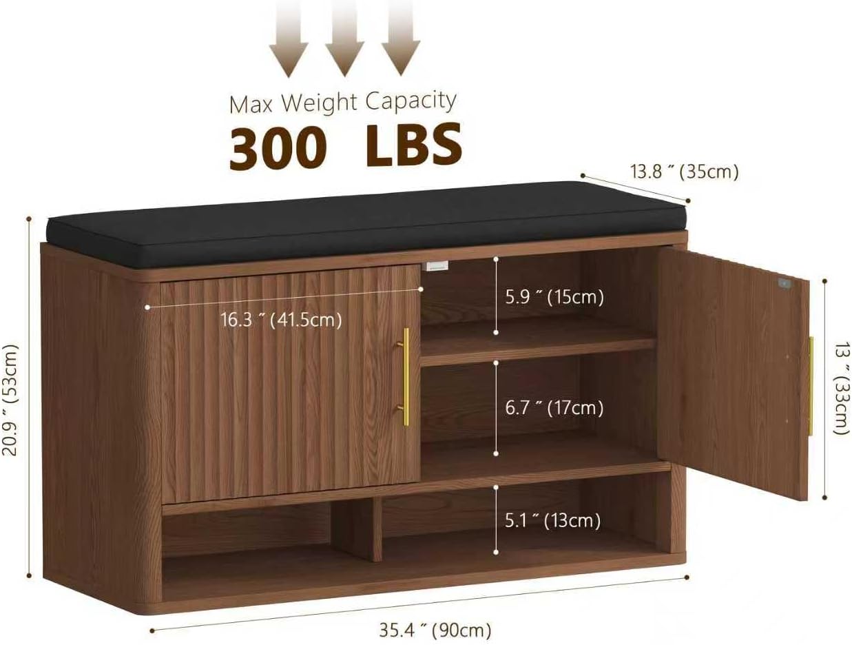 Fluted Shoe Storage Bench with Cushion, Entryway Bench with Adjustable Shelves and Open Bottom Shelf, 3-Tier Hidden Shoe Cabinet Storage for Entryway, Hallway, Living Room, Bedroom, Walnut