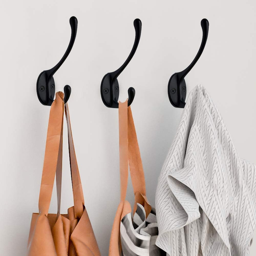 IBosins 10 Pack Dual Coat Hooks Wall Mounted with 40 Screws Retro Double Hooks Utility Black No Rust Hooks for Coat, Scarf, Bag, Towel, Key, Cap, Cup, Hat (Black)