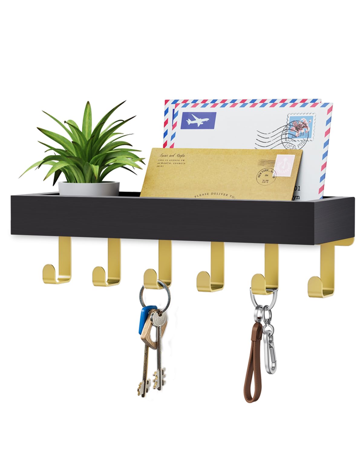 Key Holder Wall Mount Adhesive Magnetic - Hanging Key Hooks with Mail Organizer for Wallet House Accessories - Keys Hanger Rack with Shelf for RV Camper Entryway Door Home Living Room Decor Black