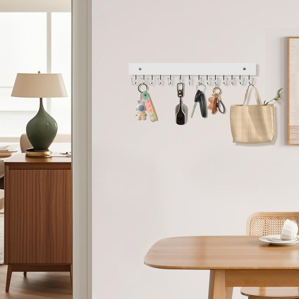 2Pack Key Holder Wall Mount with 28 Rotating 180° Key Hooks, 14.6" Rustproof Organizer Hanger for Apartment Decor, Wall Storage Rack for Entryway, Living Room, Hallway, Bathroom, Kitchen(White)