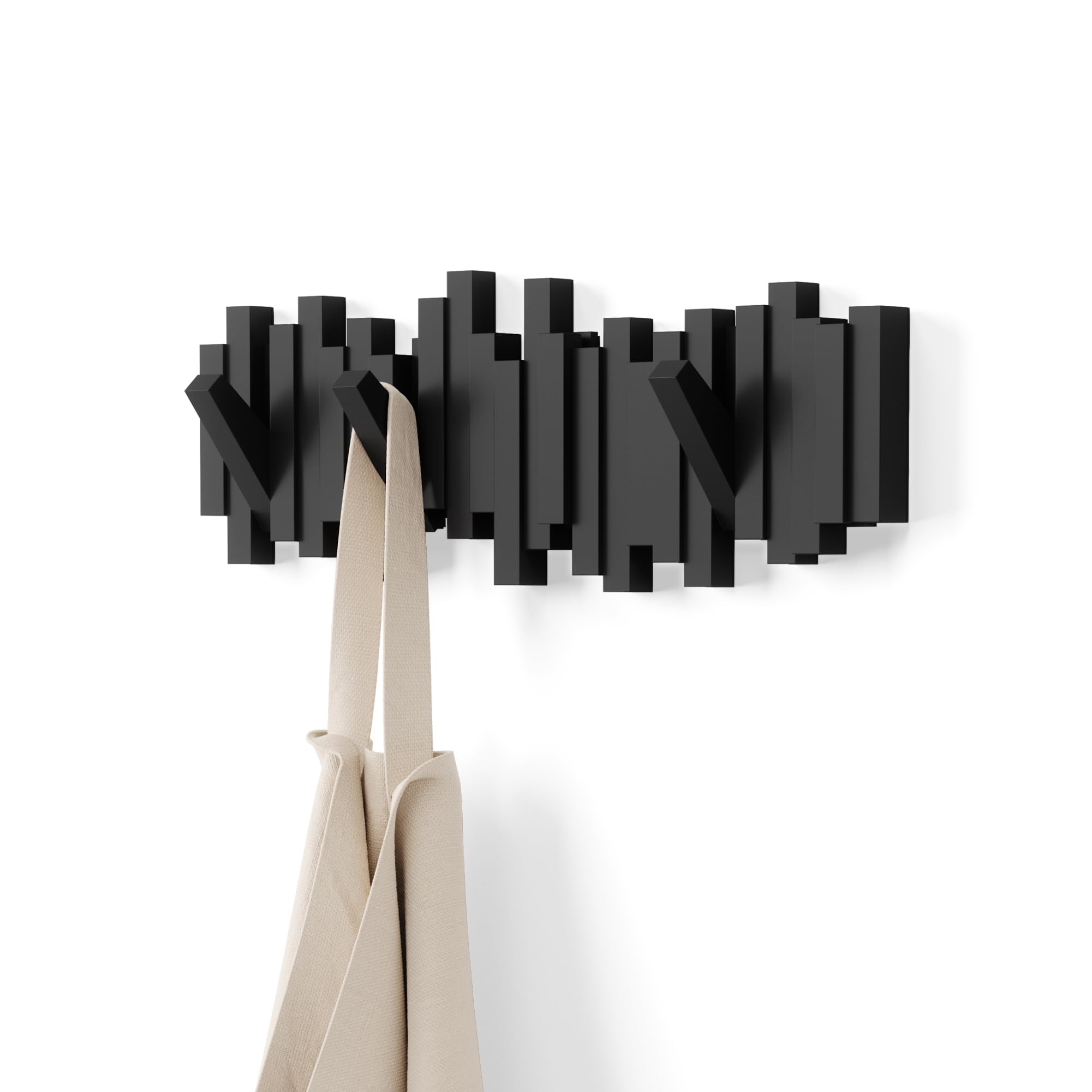 Umbra Sticks Wall-Mounted Coat Rack Rail Hook with 8 Retractable Pegs – Modern, Space-Saving Storage Organizer, Black