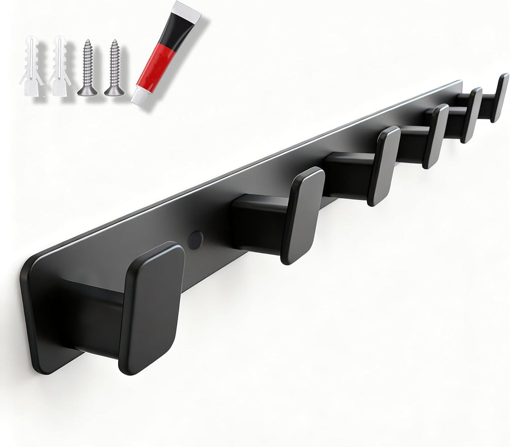 Artilife Wall Mounted Coat Rack 17.4 Inch, 6 Snag-Free ABS Hooks Protect Clothes, Heavy Duty Metal Rail with Adhesive or Screw Installation, Entryway Hanger for Jackets, Hats, Towels (1 Pack)