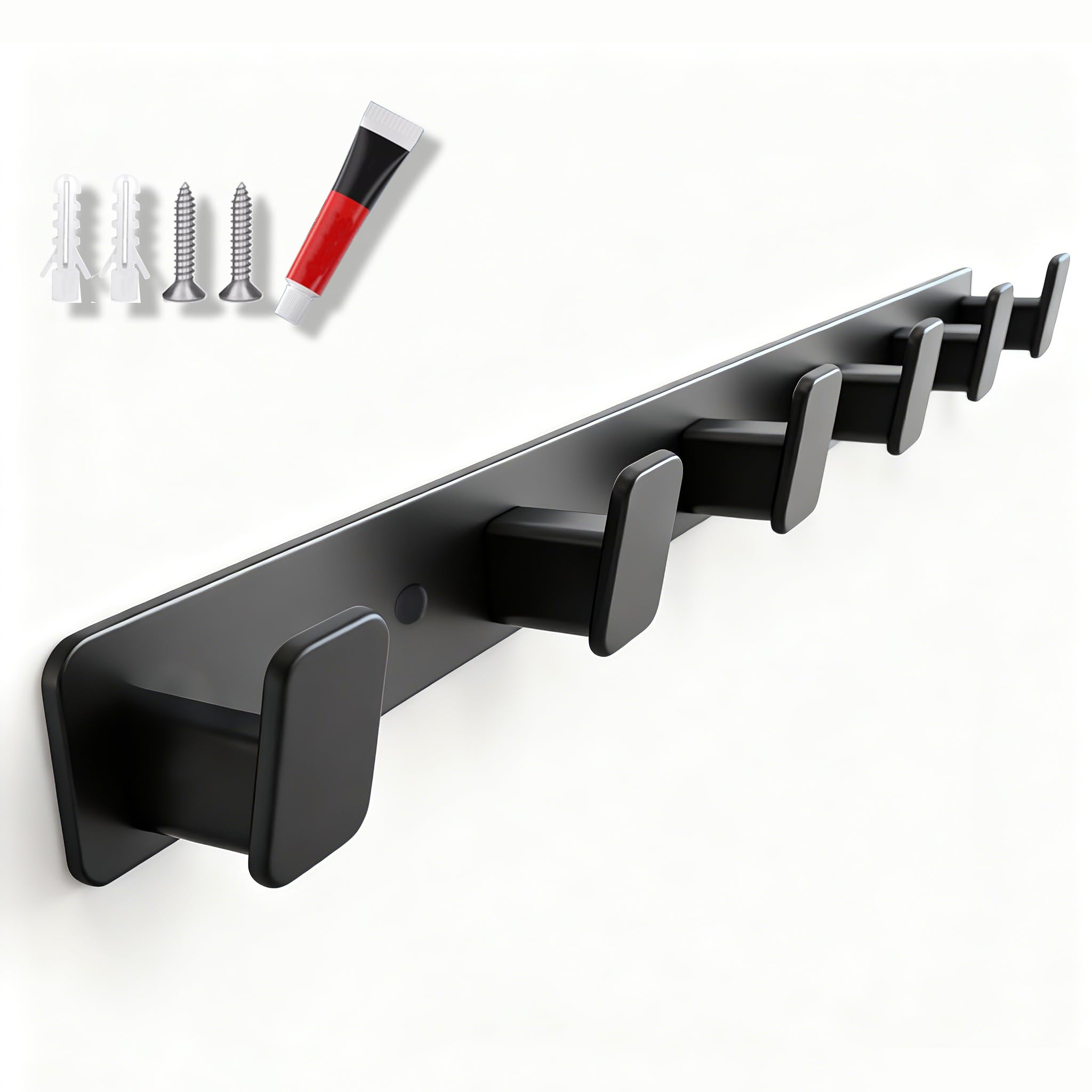 Artilife Wall Mounted Coat Rack 17.4 Inch, 6 Snag-Free ABS Hooks Protect Clothes, Heavy Duty Metal Rail with Adhesive or Screw Installation, Entryway Hanger for Jackets, Hats, Towels (1 Pack)