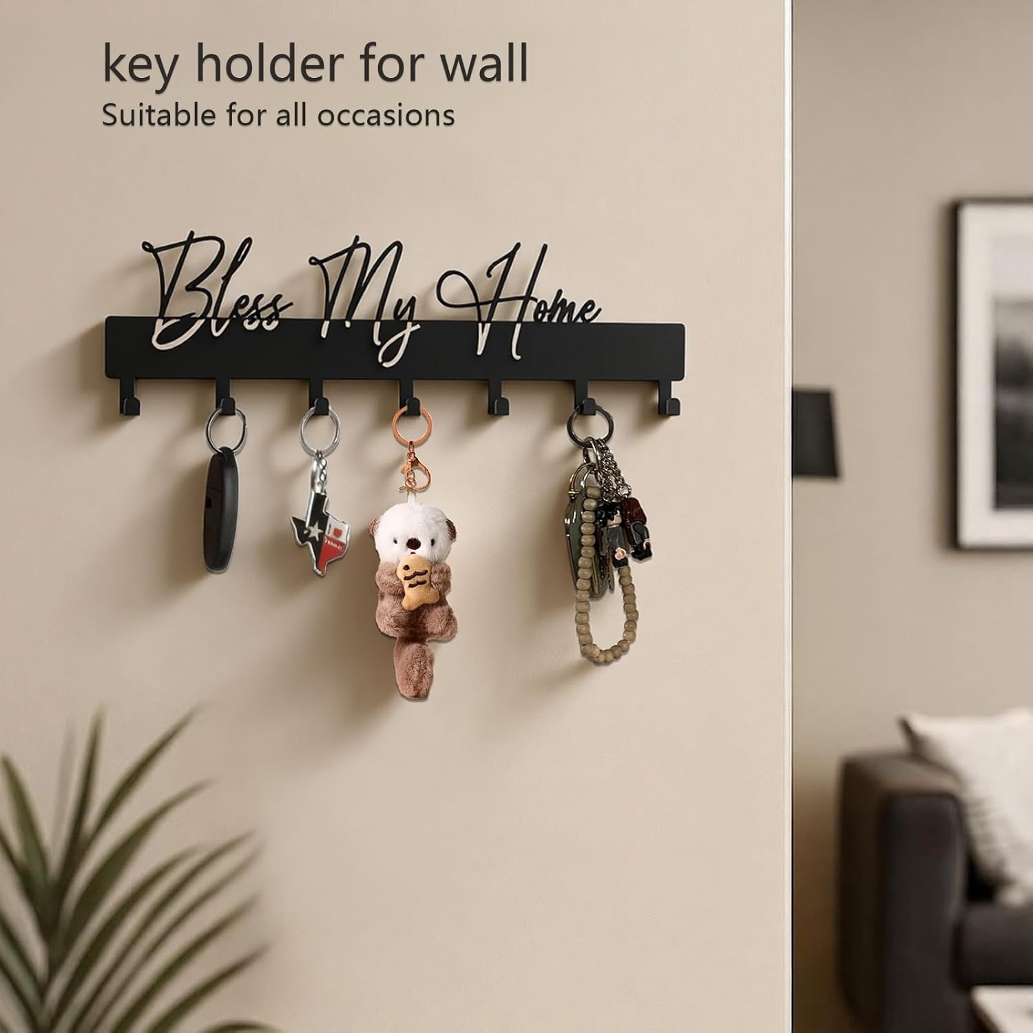 Exquisite Fashion Phrase Key Holder Wall Mount,Bless My Home Key Hooks for Wall Decoration,Black Metal Key Hanger with 7 Hooks for Entryway,Office,Living Room Decor
