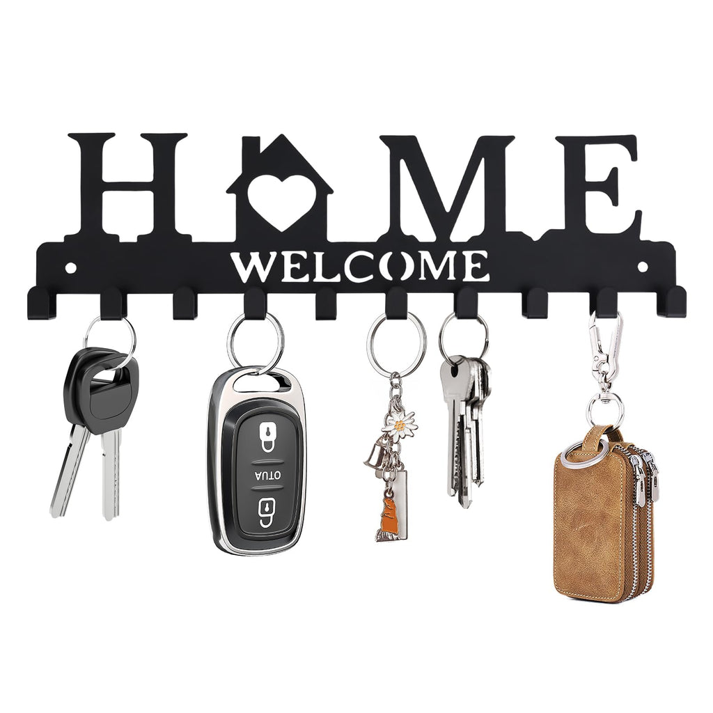 Key Holder Wall Mount, Adhesive Metal Key Hanger with 6 Double Hooks, 2 Installation Methods, Black