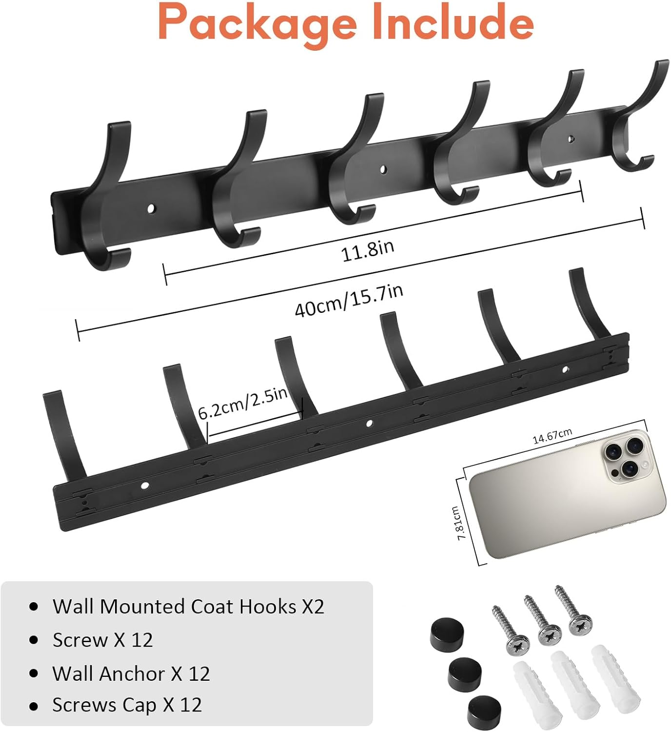 Optish Coat Rack Wall Mount, Wall Hooks for Hanging, Entry Coat Hooks Coat Hanger, Hat Rack Holder for Wall, Key Holder Purse Racks, Towel Rack for Bathrooms (2 Pack, Black)