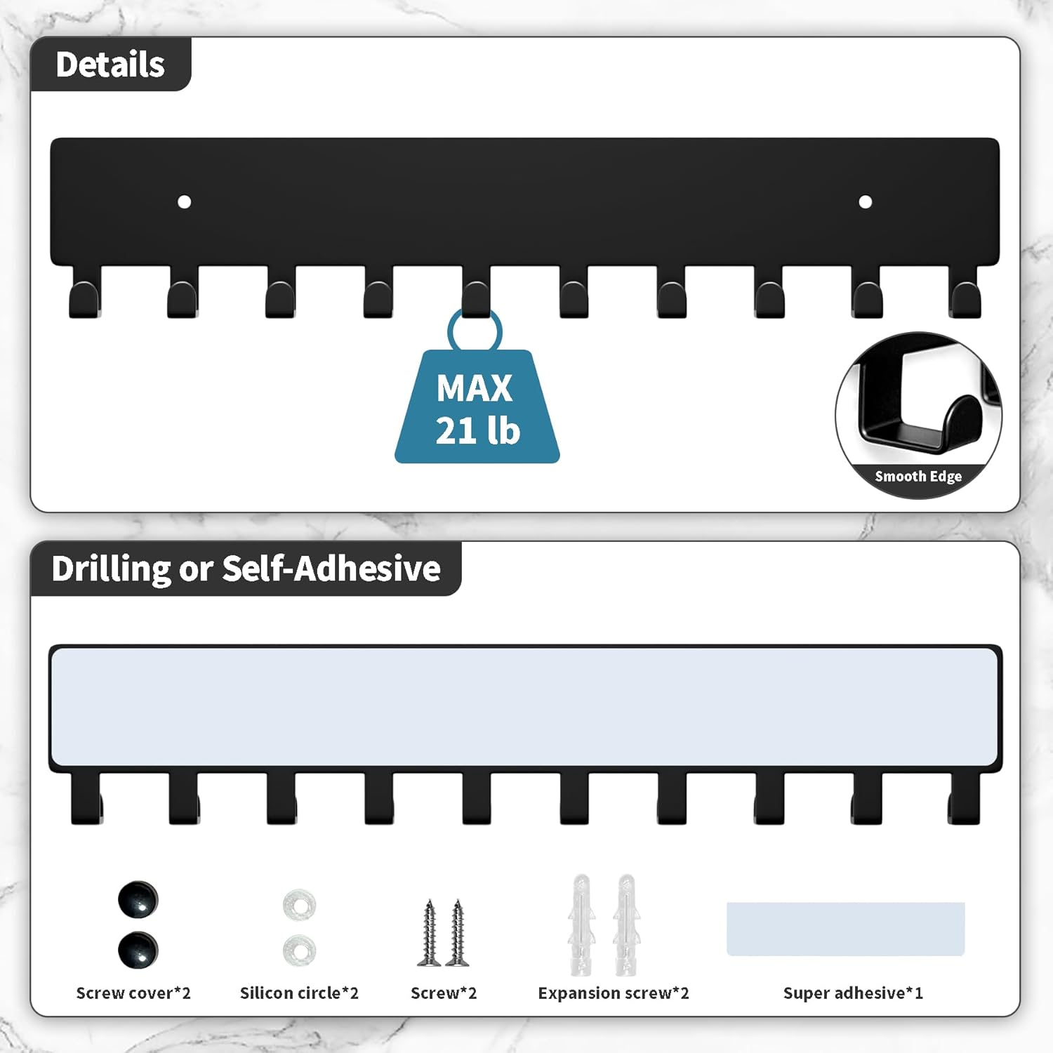 GTK Key Holder for Wall, Key Hooks with 10 Hooks, Wall Mounted Key Holder for Hallway, Self Adhesive Key Rack(Black)