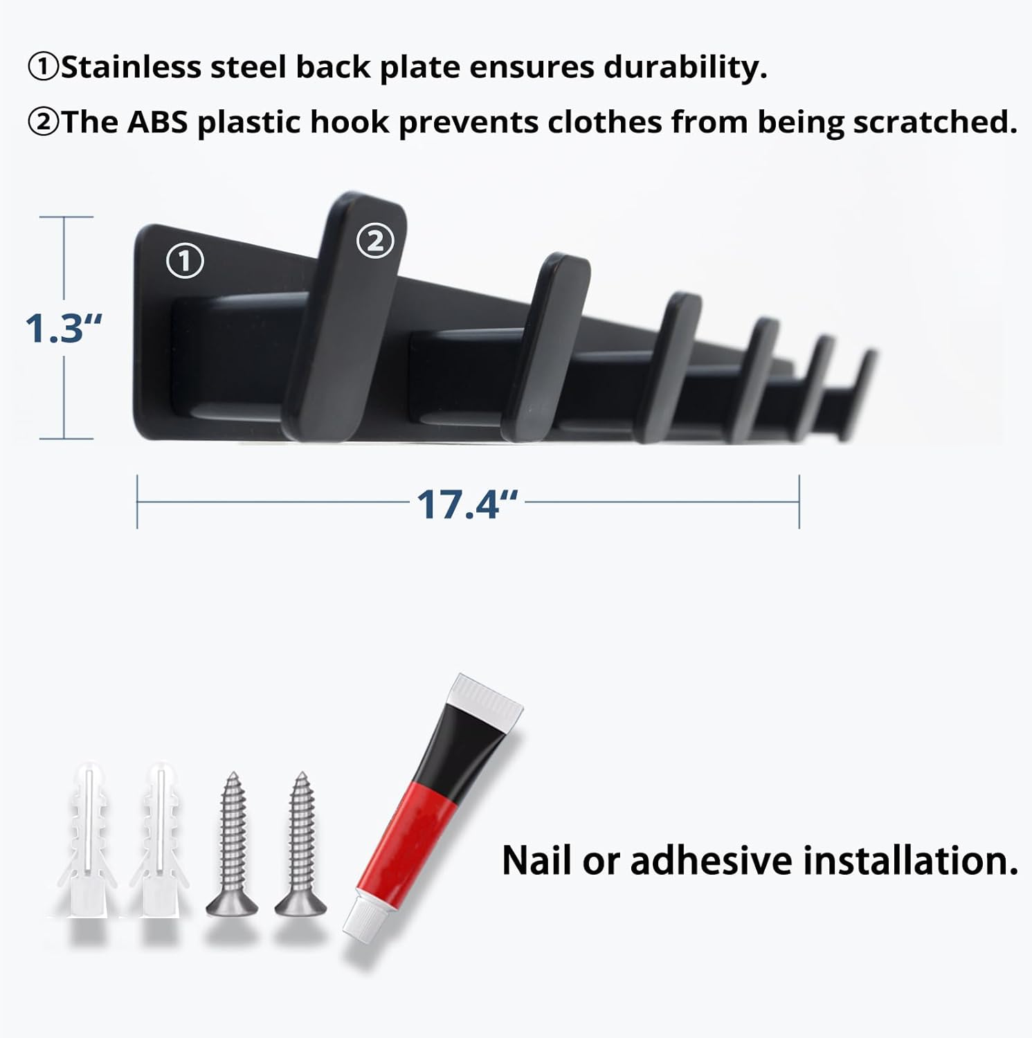 Artilife Wall Mounted Coat Rack 17.4 Inch, 6 Snag-Free ABS Hooks Protect Clothes, Heavy Duty Metal Rail with Adhesive or Screw Installation, Entryway Hanger for Jackets, Hats, Towels (1 Pack)