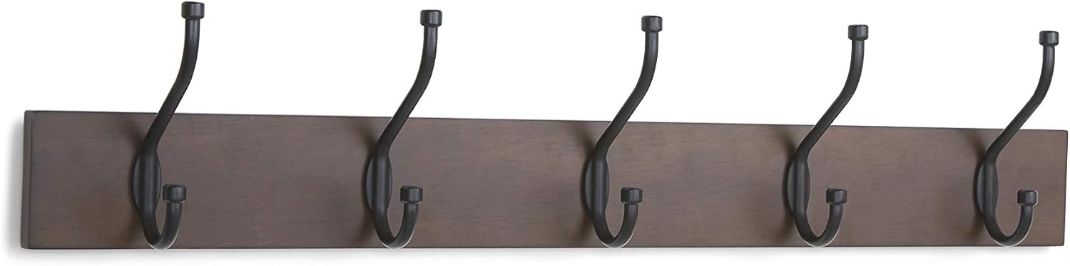 Amazon Basics Wall-Mounted Metal Coat Rack, 5 Hooks, Espresso | Farmhouse, Rectangular