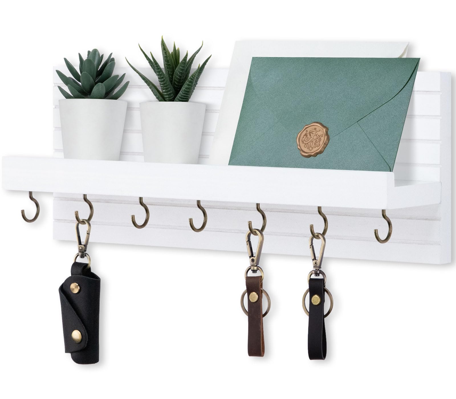 Lwenki Decorative Key Holder for Wall with Shelf, Entryway Shelf with Hooks Holds Leashes, Jackets and Glasses – Sturdy Wood Keyholder Entrance Hanger with Mounting Hardware (Black, Medium)