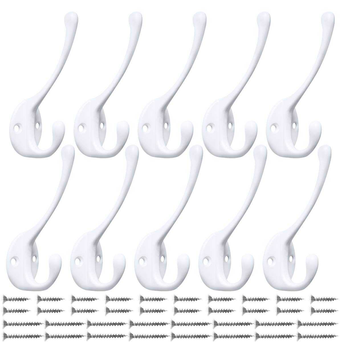 IBosins 10 Pack Dual Coat Hooks Wall Mounted with 40 Screws Retro Double Hooks Utility Black No Rust Hooks for Coat, Scarf, Bag, Towel, Key, Cap, Cup, Hat (Black)