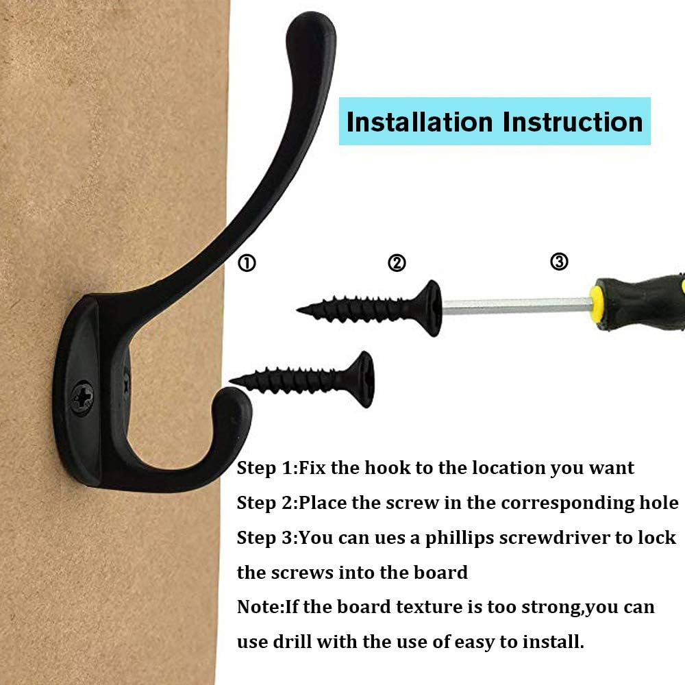IBosins 10 Pack Dual Coat Hooks Wall Mounted with 40 Screws Retro Double Hooks Utility Black No Rust Hooks for Coat, Scarf, Bag, Towel, Key, Cap, Cup, Hat (Black)