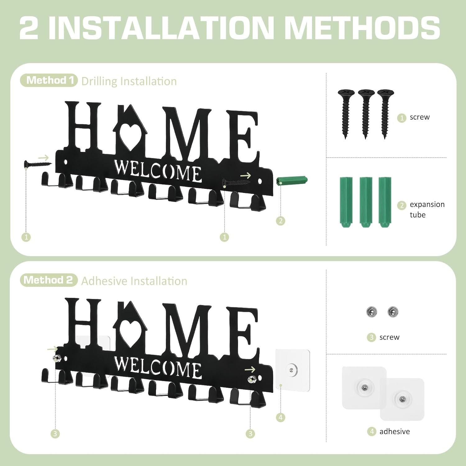 Key Holder Wall Mount, Adhesive Metal Key Hanger with 6 Double Hooks, 2 Installation Methods, Black