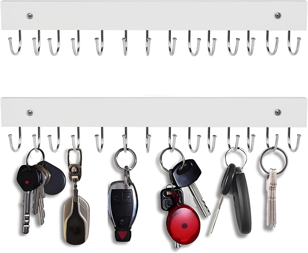 2Pack Key Holder Wall Mount with 28 Rotating 180° Key Hooks, 14.6" Rustproof Organizer Hanger for Apartment Decor, Wall Storage Rack for Entryway, Living Room, Hallway, Bathroom, Kitchen(White)