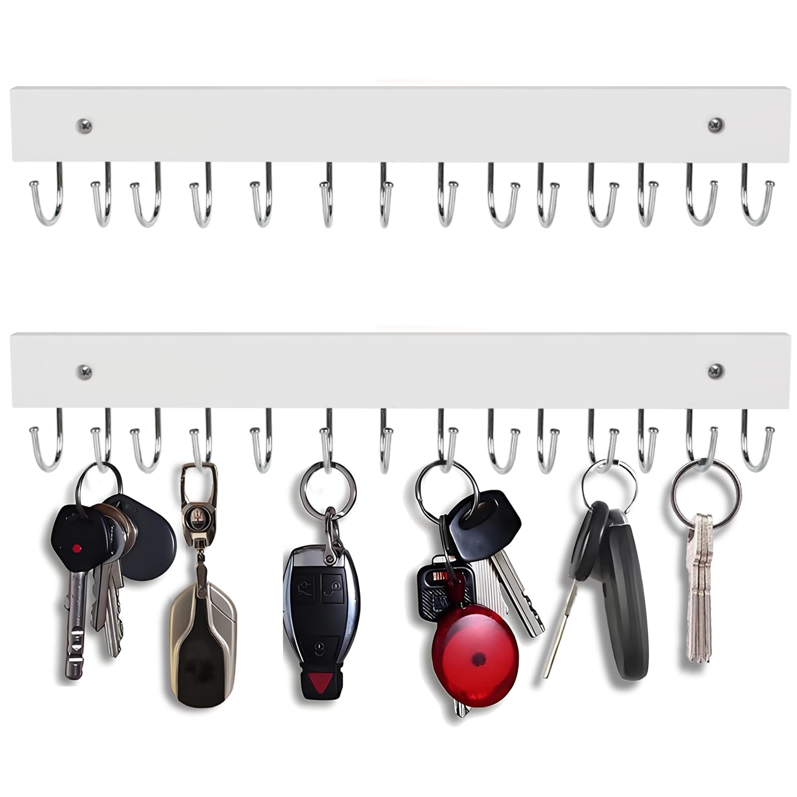 2Pack Key Holder Wall Mount with 28 Rotating 180° Key Hooks, 14.6" Rustproof Organizer Hanger for Apartment Decor, Wall Storage Rack for Entryway, Living Room, Hallway, Bathroom, Kitchen(White)