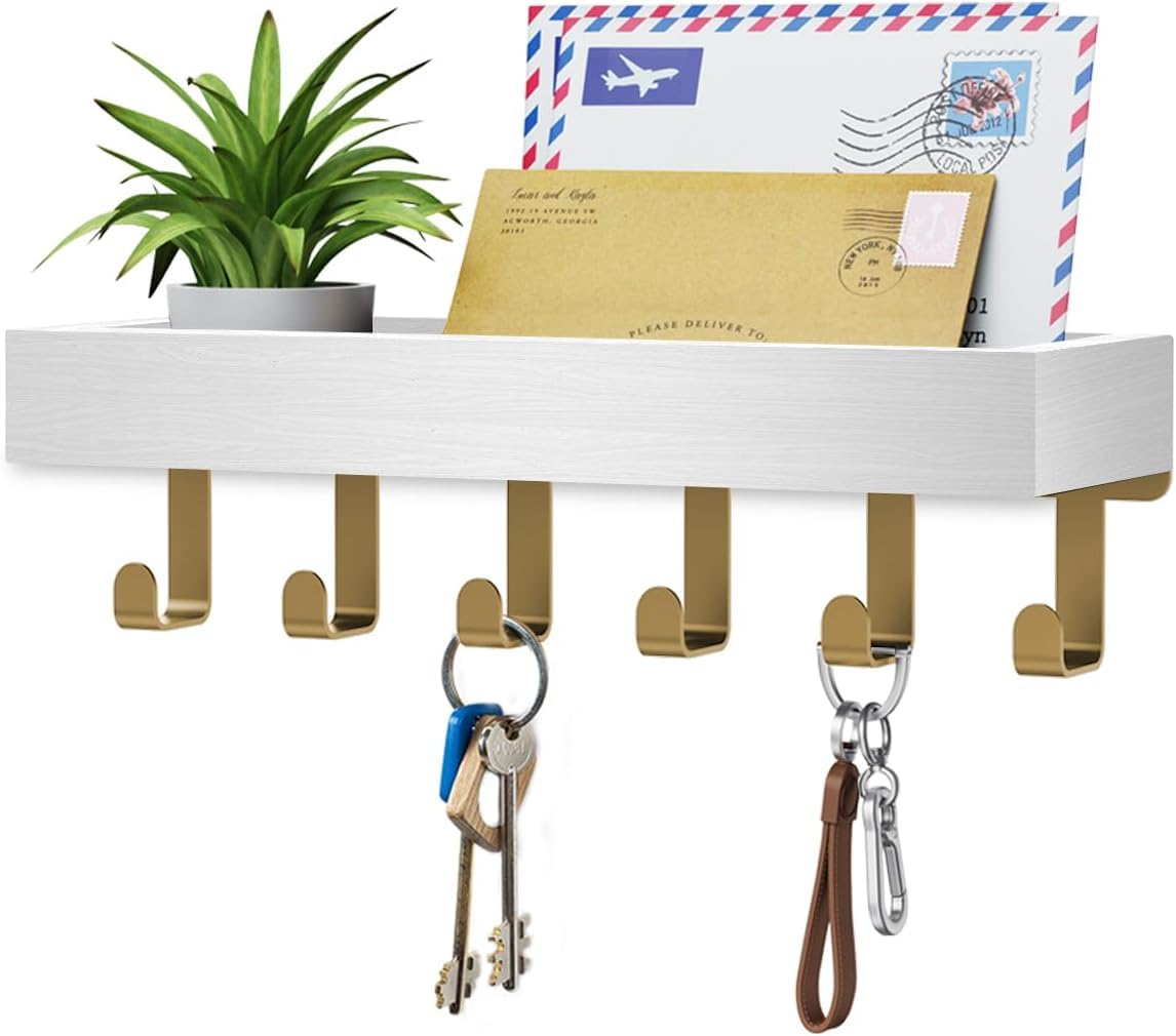 Key Holder Wall Mount Adhesive Magnetic - Hanging Key Hooks with Mail Organizer for Wallet House Accessories - Keys Hanger Rack with Shelf for RV Camper Entryway Door Home Living Room Decor Black